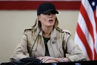 First lady Melania Trump participates in a round table event with President Trump at the Hill Country Youth Event Center to discuss flash flooding on July 11, 2025 in Kerrville, Texas. (Image via Getty)